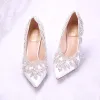 Chic / Beautiful White Wedding Shoes 2017 Pointed Toe PU 9 cm High Heels Beading Rhinestone Wedding Womens Shoes
