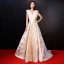 Luxury / Gorgeous Champagne Evening Dresses  2018 Floor-Length / Long A-Line / Princess V-Neck Lace Backless Beading Embroidered Evening Party Formal Dresses