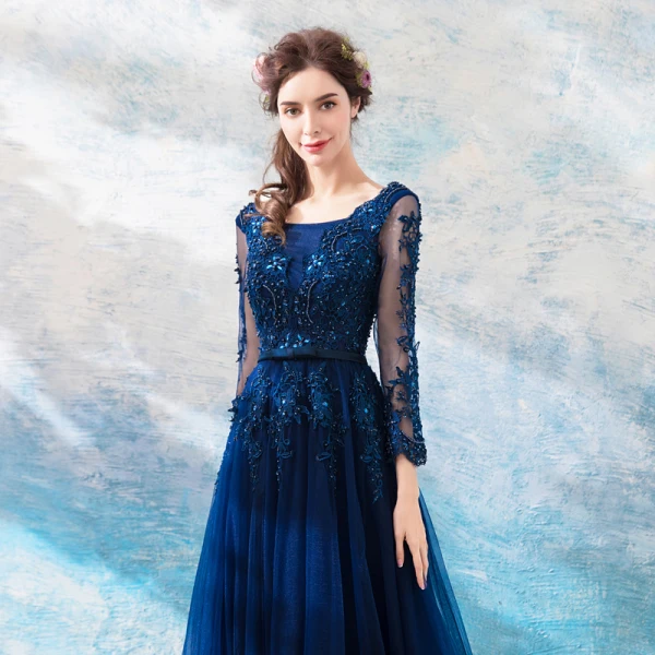 Chic / Beautiful Navy Blue Evening Dresses 2018 A-Line / Princess U-Neck Lace Tulle Floor-Length / Long Appliques Backless Beading Evening Party Formal Dresses