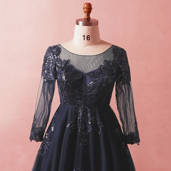 Luxury Gorgeous Navy Blue Plus Size Evening Dresses 2018 A-Line Princess Long Sleeve