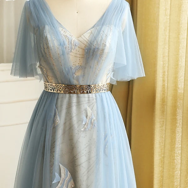 Scintillantes Bling Bling Bleu Ciel Grande Taille Robe De Soirée 2018 Princesse Tulle V-Cou Dos Nu Perlage Faux Diamant Soirée Robe De Bal