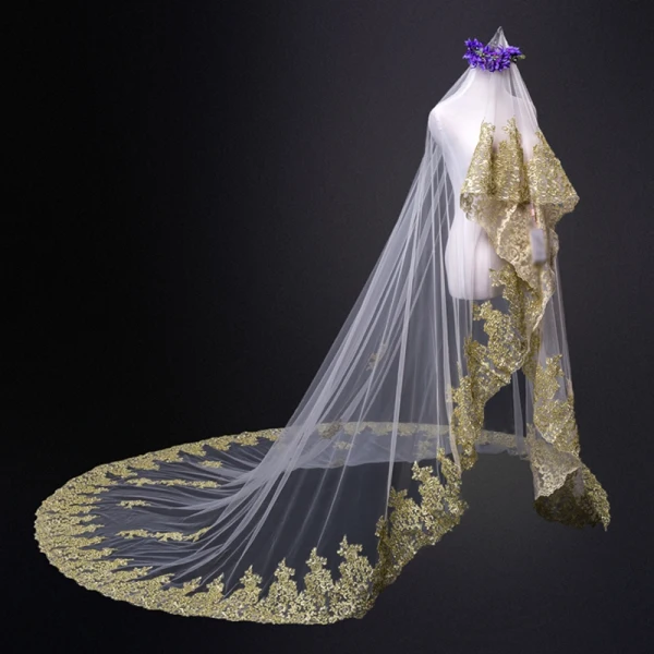Luxury / Gorgeous Champagne Royal Train Wedding Tulle Lace Appliques 3.5 m Wedding Veils 2018