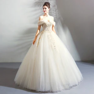 Classique Élégant Blanche Champagne Longue Mariage 2018 Tulle Lacer Appliques Dos Nu Perlage Bustier Robe Boule Robe De Mariée