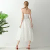 Chic / Beautiful White Tea-length Evening Dresses  2018 A-Line / Princess Tulle Appliques Star Backless Evening Party Formal Dresses