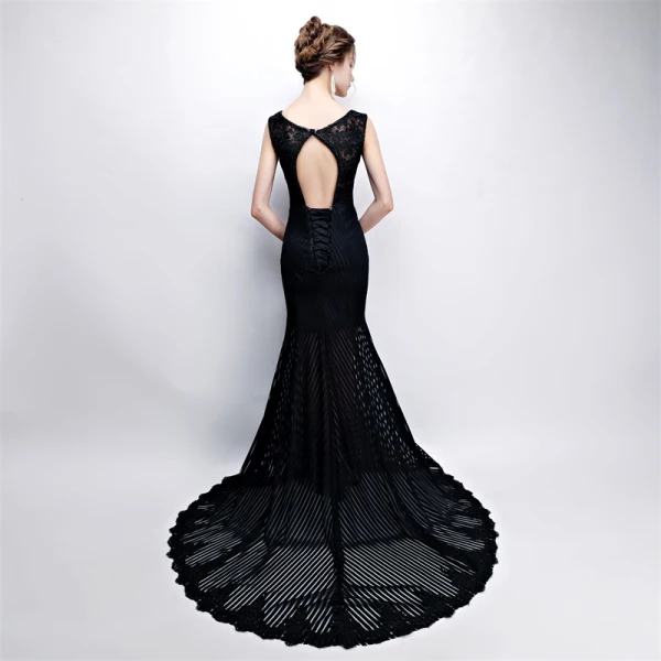 Modern / Fashion Black Evening Dresses 2017 Trumpet / Mermaid V-Neck Lace Embroidered Striped Backless Evening Party Formal Dresses