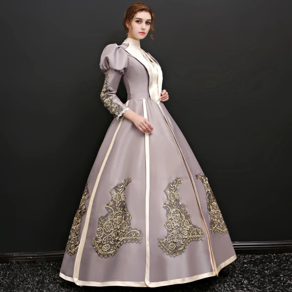 Vintage / Retro Champagne Floor-Length / Long Prom Dresses 2018 Lace-up Charmeuse High Neck Appliques Evening Party Ball Gown Formal Dresses