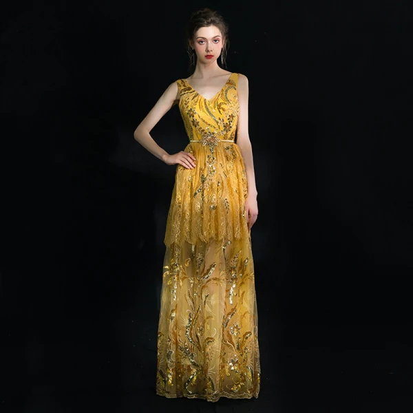 Luxury / Gorgeous Sparkly Gold Floor-Length / Long Evening Dresses 2018 A-Line / Princess V-Neck Tulle Backless Handmade Beading Sequins Evening Party Formal Dresses