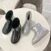 Fine Glitter Sølv Snow Boots 2020 Flate Ull Gummi Beading Paljetter Ankel Casual Natt ute Rund Tå Vinter Kvinners støvler