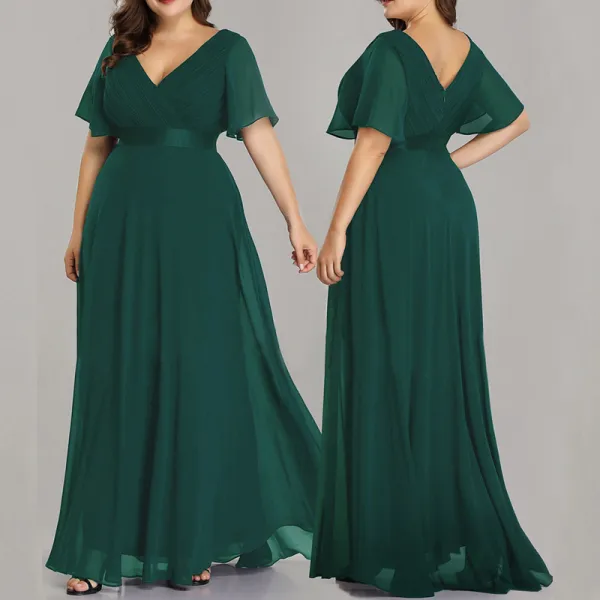 Formal Dresses Evening Dresses  Zipper Up Cascading Ruffles Solid Color Floor-Length / Long Plus Size Tulle V-Neck Evening Party Summer Short Sleeve Modest / Simple A-Line / Princess 2020 Green