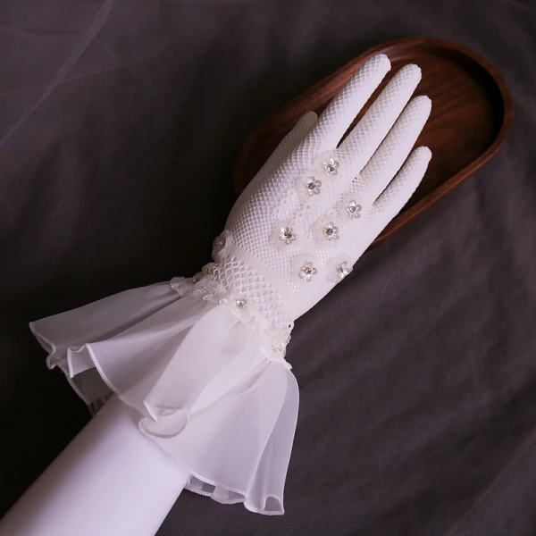Luxury / Gorgeous White Bridal Gloves 2020 Tulle Handmade  Beading Rhinestone Sequins Prom Wedding Accessories