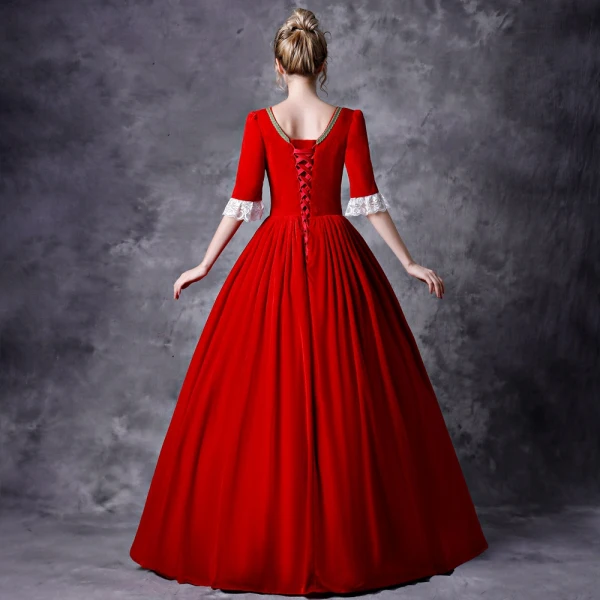 Vintage Retro Medieval Gothic Red Gold Ball Gown Prom Dresses 2021 Square Neckline Long