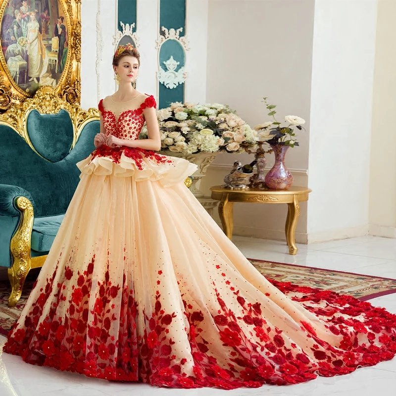 Luxury Gorgeous Champagne Wedding Dresses 2017 Red Zipper Up Appliques Backless Flower