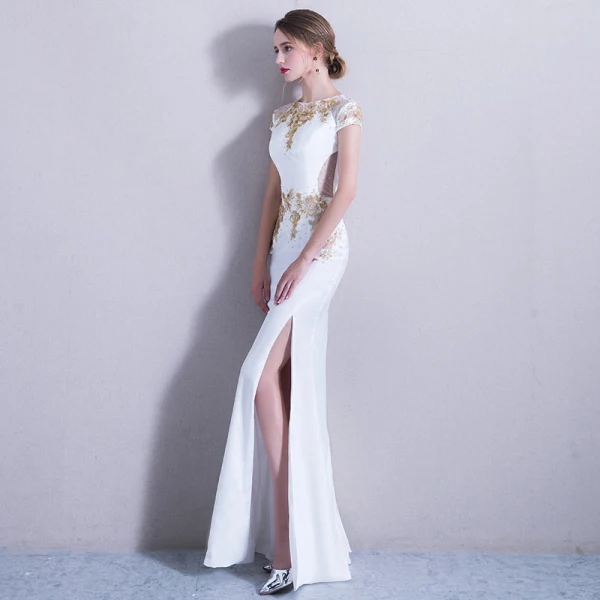 Elegant 2017 White Evening Dresses U-Neck Appliques Handmade Trumpet / Mermaid Evening Party Formal Dresses