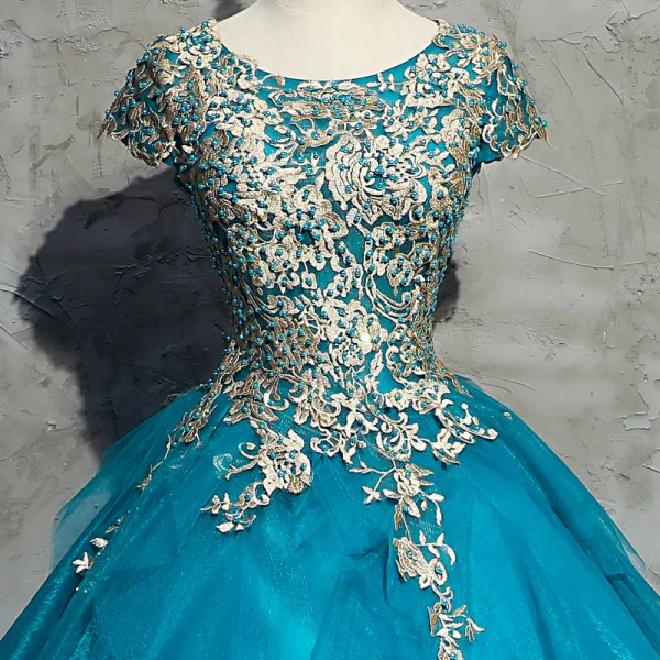 Klassieke Elegante Blauw Galajurken 2017 A lijn Kanten Tule U-hals Appliques Kralen Avond Gelegenheid Jurken