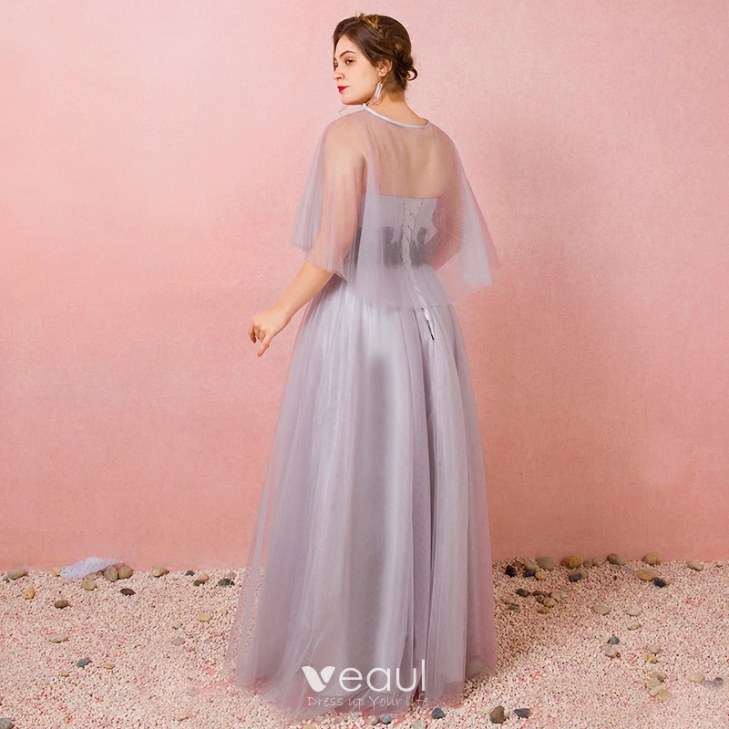 Classic Elegant Grey Plus Size Evening Dresses 2018 Lace Up Tulle Appliques  Sleeveless Backless Winter Evening Party Formal Dresses