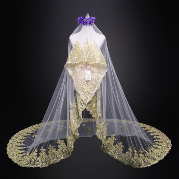 Luxury / Gorgeous Champagne Royal Train Wedding Tulle Lace Appliques 3.5 m Wedding Veils 2018