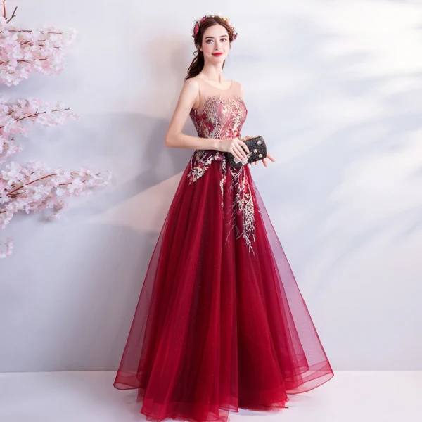 Modern / Fashion Red Evening Dresses 2018 A-Line / Princess Tulle U-Neck Appliques Backless Beading Sequins Formal Dresses