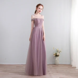 Modern Fashion Floor Length Long Lavender Evening Dresses 2018 A Line Princess Lace Up U Neck Tulle Backless Evening Party Formal Dresses