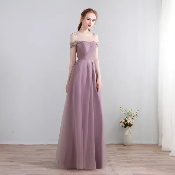 Mode Lange Lavendel Abendkleider 2018 A Linie Schnüren U-Ausschnitt Tülle Rückenfreies Abend Festliche Kleider