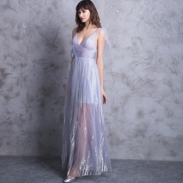 Modern / Fashion Floor-Length / Long Lavender Evening Dresses 2018 A-Line / Princess V-Neck Tulle Appliques Backless Formal Dresses