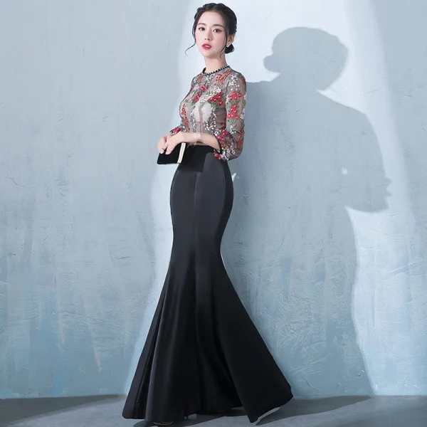 Modern / Fashion Black Floor-Length / Long Evening Dresses 2018 Trumpet / Mermaid High Neck Tulle Embroidered Appliques Backless Beading Evening Party Formal Dresses