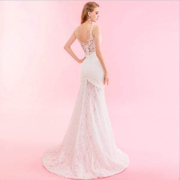 Luxury / Gorgeous Ivory Court Train Wedding 2018 Trumpet / Mermaid Lace V-Neck Lace-up Appliques Backless Beading Pierced Wedding Dresses