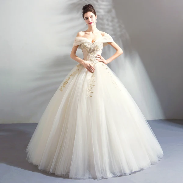 Classic Elegant White Champagne Floor-Length / Long Wedding 2018 Tulle Lace-up Appliques Backless Beading Strapless Ball Gown Wedding Dresses