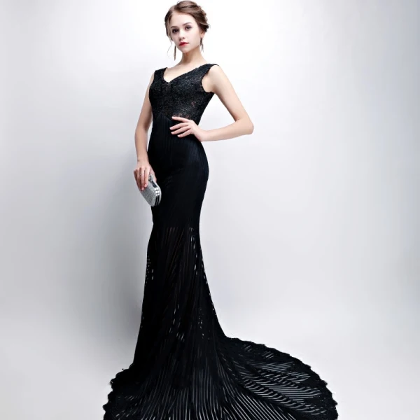 Modern / Fashion Black Evening Dresses 2017 Trumpet / Mermaid V-Neck Lace Embroidered Striped Backless Evening Party Formal Dresses