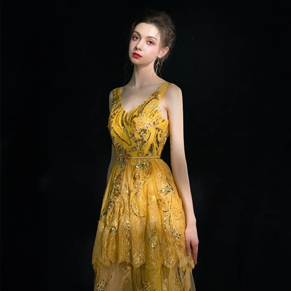Luxury / Gorgeous Sparkly Gold Floor-Length / Long Evening Dresses 2018 A-Line / Princess V-Neck Tulle Backless Handmade Beading Sequins Evening Party Formal Dresses