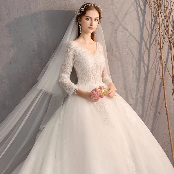 Classic Elegant White Ball Gown Wedding Dresses 2019 Lace Tulle V-Neck 3/4 Sleeve Appliques Backless Embroidered Cathedral Train Church Wedding