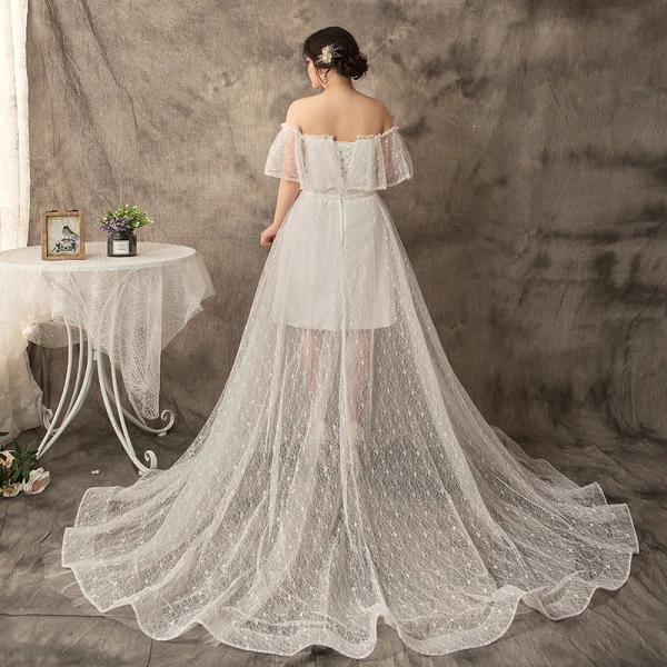 Moderne / Mode Princesse Blanche Grande Taille Robe De Mariée 2019 U-Cou Tulle Dentelle Appliques Dos Nu Tribunal Train Mariage
