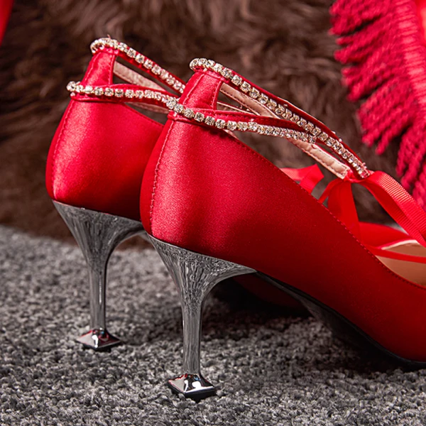 Chic / Beautiful Champagne Wedding Shoes 2020 8 cm / 3 inch Satin Rhinestone Strappy Pointed Toe Heels Womens Shoes