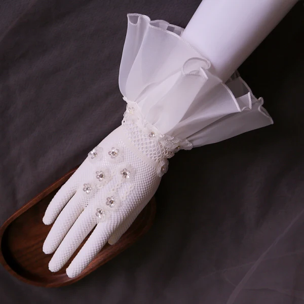 Luxury / Gorgeous White Bridal Gloves 2020 Tulle Handmade  Beading Rhinestone Sequins Prom Wedding Accessories