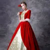 Vintage / Retro Medieval Gothic Red Gold Ball Gown Prom Dresses 2021 Square Neckline Crossed Straps Floor-Length / Long 1/2 Sleeves Sequins Printing Cosplay Prom Formal Dresses
