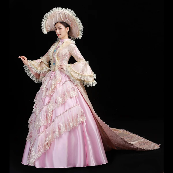 Vintage / Retro Medieval Candy Pink Ball Gown Prom Dresses 2021 High Neck Long Sleeve Floor-Length / Long 3D Lace Appliques Embroidered Handmade Cosplay Prom Formal Dresses