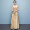 Chic / Beautiful Yellow Evening Dresses  2017 A-Line / Princess U-Neck Charmeuse Beading Rhinestone Backless Evening Party Formal Dresses
