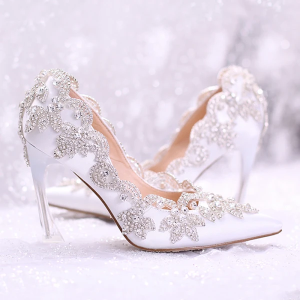 Chic / Beautiful White Wedding Shoes 2017 Pointed Toe PU 9 cm High Heels Beading Rhinestone Wedding Womens Shoes