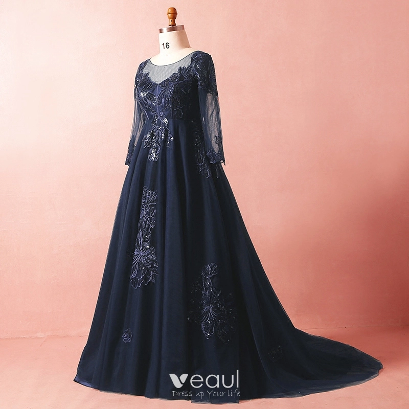 Luxury / Gorgeous Navy Blue Plus Size Evening Dresses 2018 A-Line /  Princess Long Sleeve Tulle V-Neck Crossed Straps Appliques Backless Beading  Sequins Winter Prom Formal Dresses