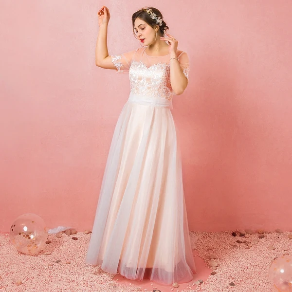 Chic / Beautiful Champagne Plus Size Prom Dresses 2018 A-Line / Princess Tulle U-Neck Lace-up Strappy Appliques Backless Evening Party Prom Formal Dresses
