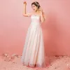 Chic / Beautiful Champagne Plus Size Prom Dresses 2018 A-Line / Princess Tulle U-Neck Lace-up Strappy Appliques Backless Evening Party Prom Formal Dresses