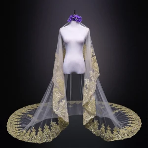 Luxury Gorgeous Champagne Royal Train Wedding Tulle Lace Appliques 3 5 M Wedding Veils 2018