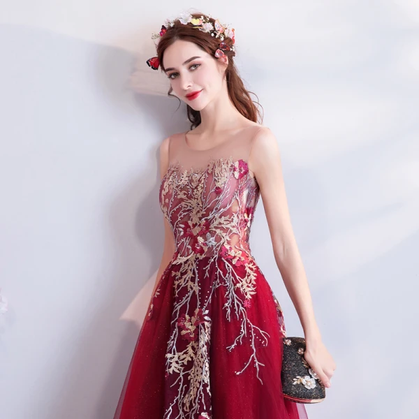 Modern / Fashion Red Evening Dresses 2018 A-Line / Princess Tulle U-Neck Appliques Backless Beading Sequins Formal Dresses