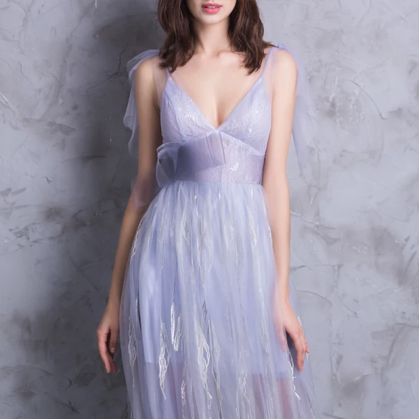Modern / Fashion Floor-Length / Long Lavender Evening Dresses 2018 A-Line / Princess V-Neck Tulle Appliques Backless Formal Dresses