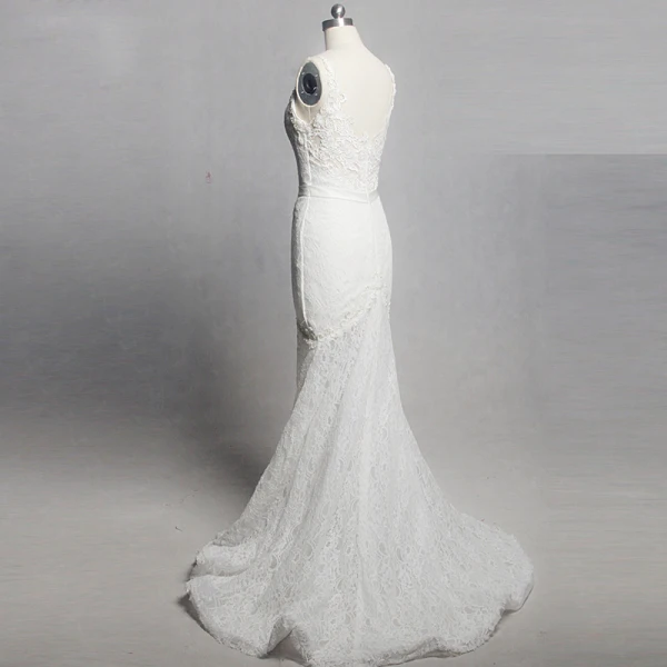 Luxury / Gorgeous Ivory Court Train Wedding 2018 Trumpet / Mermaid Lace V-Neck Lace-up Appliques Backless Beading Pierced Wedding Dresses