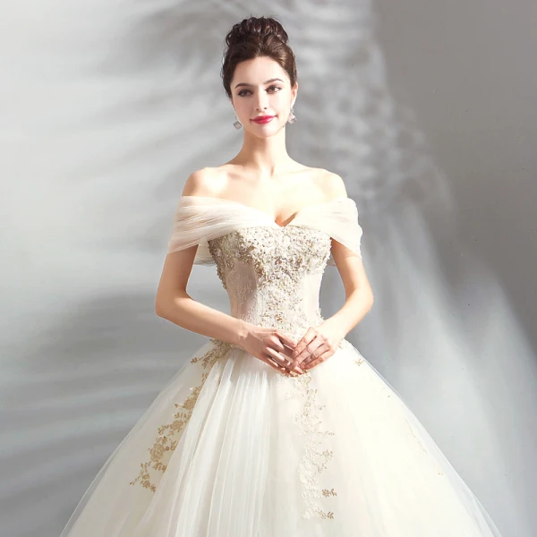 Classic Elegant White Champagne Floor-Length / Long Wedding 2018 Tulle Lace-up Appliques Backless Beading Strapless Ball Gown Wedding Dresses