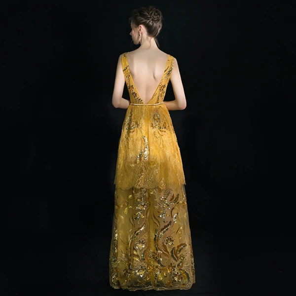 Luxury / Gorgeous Sparkly Gold Floor-Length / Long Evening Dresses 2018 A-Line / Princess V-Neck Tulle Backless Handmade Beading Sequins Evening Party Formal Dresses