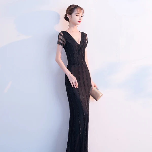 Amazing / Unique Black Floor-Length / Long Evening Dresses  2018 Trumpet / Mermaid Lace Tulle V-Neck Formal Dresses