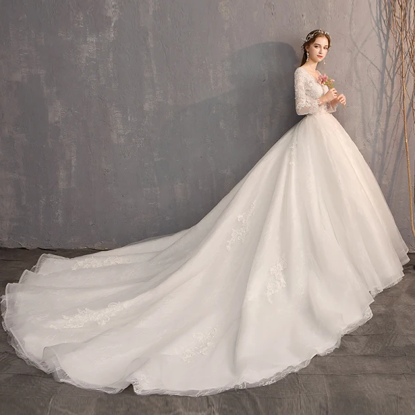 Classic Elegant White Ball Gown Wedding Dresses 2019 Lace Tulle V-Neck 3/4 Sleeve Appliques Backless Embroidered Cathedral Train Church Wedding