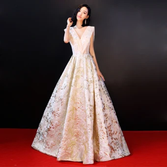 Luxe Champagne Robe De Soirée 2018 Longue Princesse V Cou Dentelle Dos Nu Perlage Brodé Soirée Robe De Ceremonie