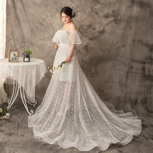 Moderne / Mode Princesse Blanche Grande Taille Robe De Mariée 2019 U-Cou Tulle Dentelle Appliques Dos Nu Tribunal Train Mariage